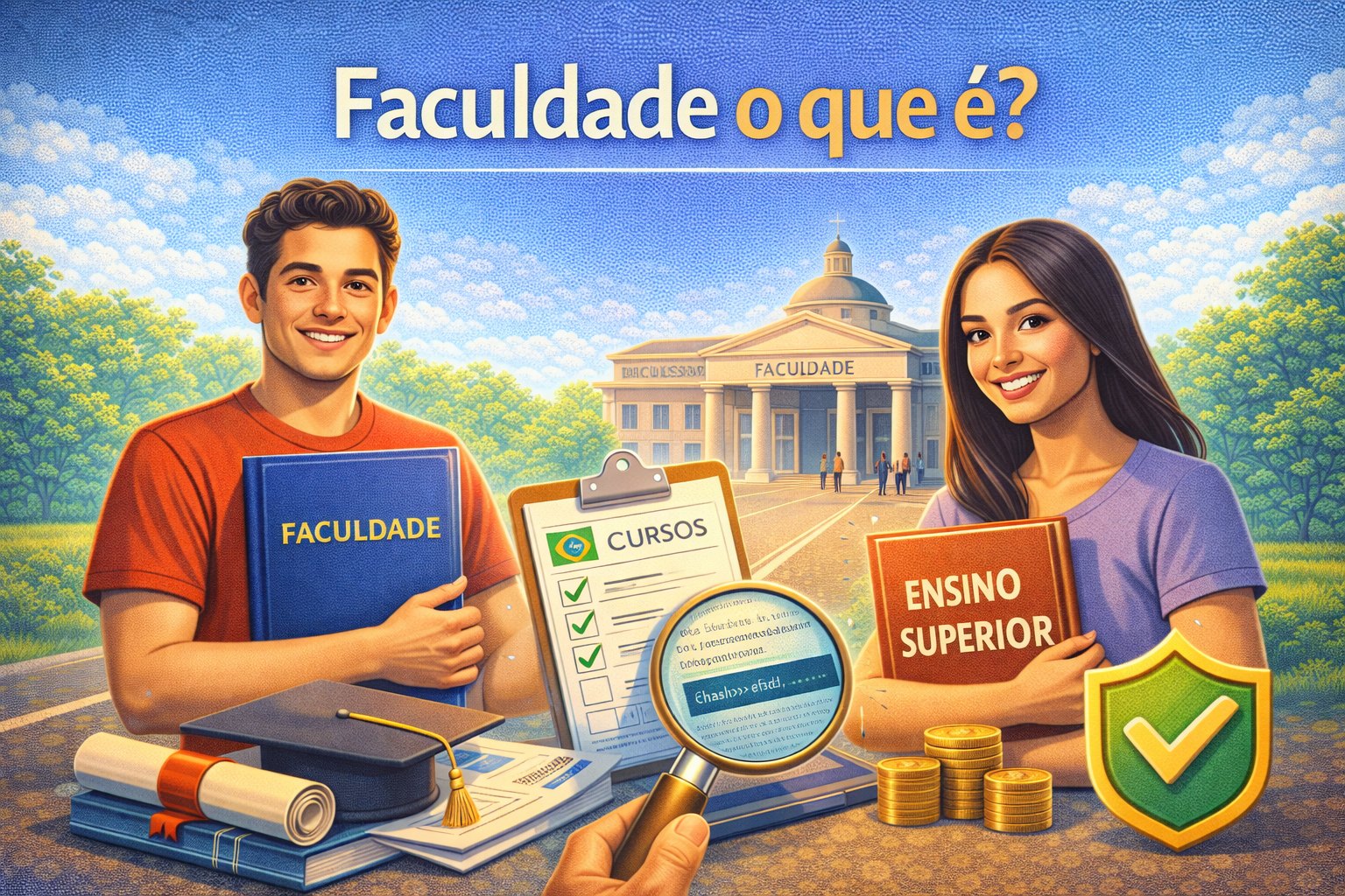 Estudantes no campus conversando sobre o que é faculdade e as opções de graduação